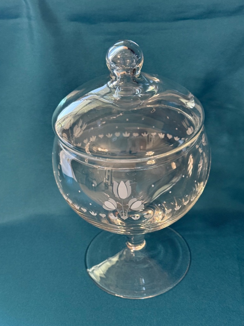 Crystal Compote Candy Dish with Lid and Etched Tulip Pattern Motif 8.5"